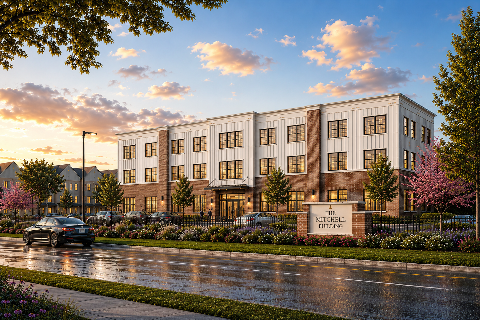 Architectural rendering of The Mitchell Building, a three-story professional and medical office building on Kings Highway in Lewes, Delaware, at dusk with landscaping and signage visible